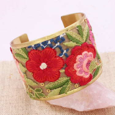 Mesh Red Flower Embroidered Elegance Cuff Bracelet